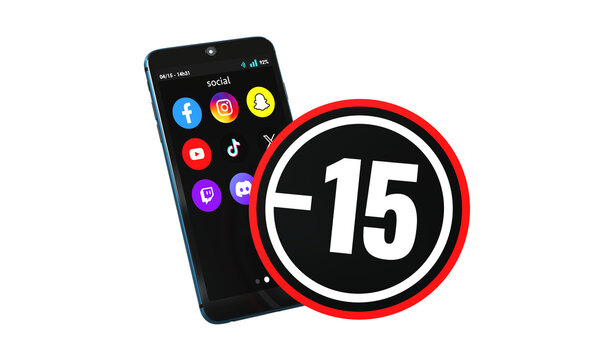 Smartphone with social media apps and age restriction sign prohibiting users under 15, content control concept - 3D rendering