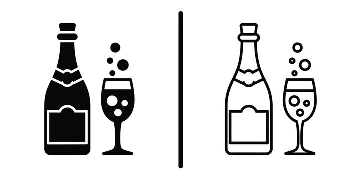 Champagne bottle and glass icons in solid and outline styles for celebration, toast, party, luxury, and festive event vector design