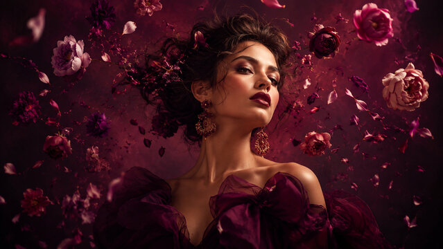 Luxury beauty portrait of an elegant woman surrounded by floating dark flowers on a dramatic burgundy background. Ideal for cosmetics, fashion, editorial, fragrance and advertising use.