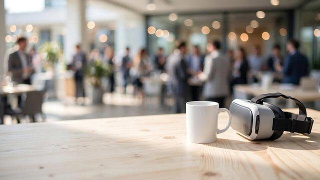 Virtual Reality Glasses and Mug on Wooden Table with Blurred Business Professionals Networking in Office