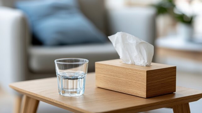 Tissue box and glass of water on wooden table in a cozy living room with soft couch and decorative pillows in the background, providing comfort during grief support
