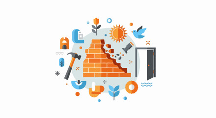 Naklejka premium Conceptual Flat Illustration of Breaking a Brick Wall with a Hammer and Open Door, Representing Freedom, Renovation, and New Opportunities
