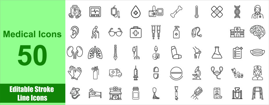 Medical icons set of 50 editable stroke line icons, healthcare and hospital vector symbols, thin line medicine and wellness graphics