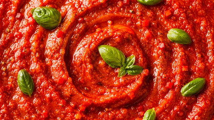 A vibrant tomato sauce swirl is garnished with fresh basil leaves. © Ina Krel