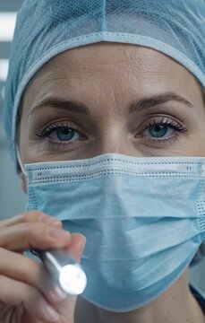 Close Up of Female Doctor in Surgical Mask Shining Medical Penlight at Patient POV