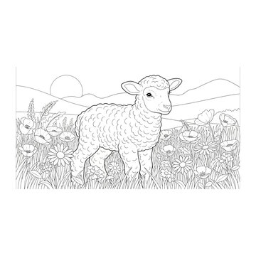 Young lamb standing in a grassy field, outline drawing