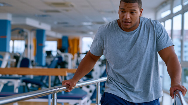 Young man in physical therapy gymnasium relearning to walk between parallel bars with focused expression not tearful not triumphant just entirely present in the radical ordinary work of recovery rep
