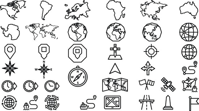World Map and Navigation Line Icon Set with Continent Globe Compass Location Pin Satellite and Timezone Symbols for Travel Design