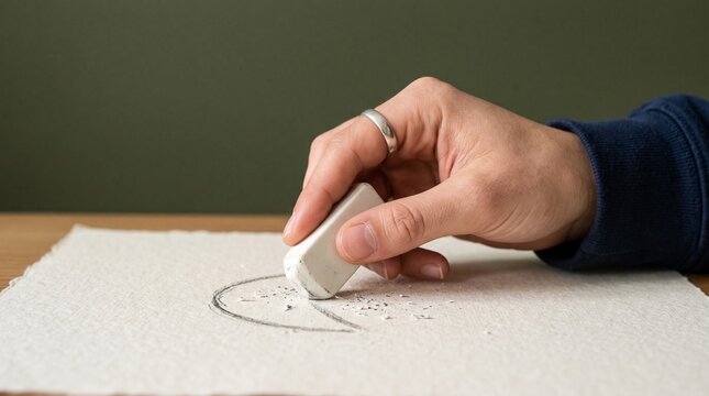 Hand erasing pencil drawing on paper