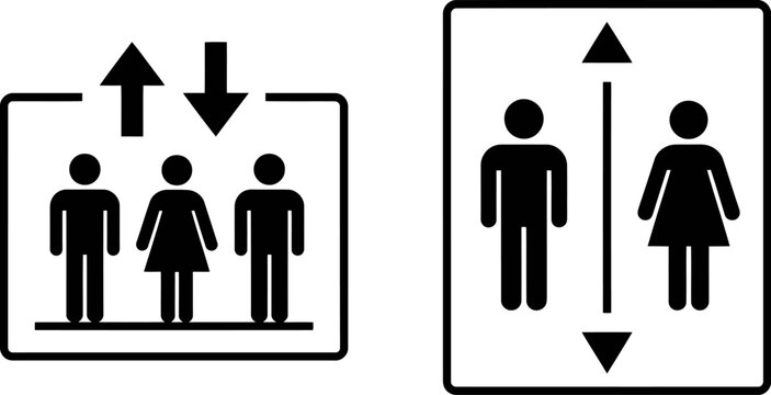 Elevator and lift icon set depicting people and directional arrows for public transportation and accessibility concept in black and white