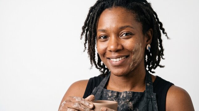 Woman Potter Smiling Holding Clay Pot