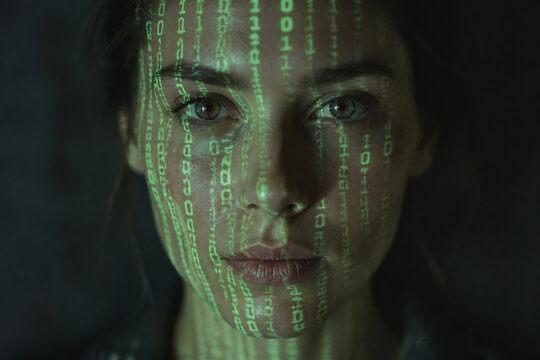 A young woman with digital code overlaying her face is shown in a dark, atmospheric setting.