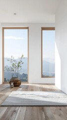Fototapeta premium Modern minimalist living room with large windows and plants.