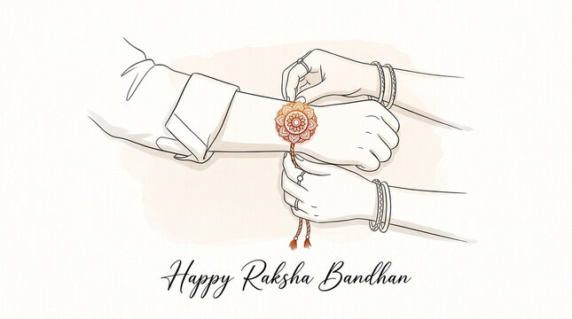 Happy raksha bandhan line art greeting card design with hands tying a festive wrist thread festival greeting illustration