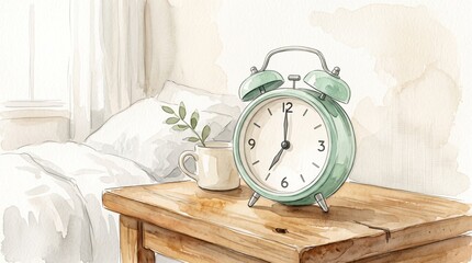 Naklejka premium Watercolor illustration of a vintage mint green alarm clock resting on a rustic wooden nightstand beside a cozy bedroom window with a soft morning light ambiance and a small delicate plant pot