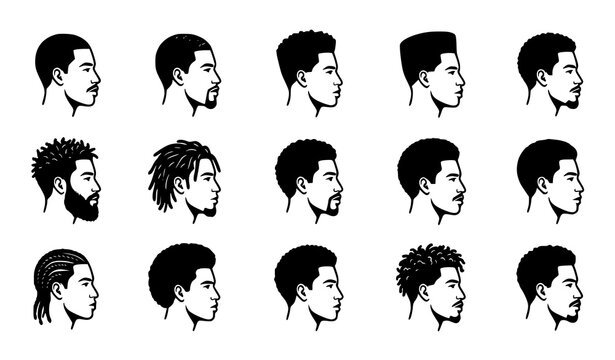 Nine Male Profile Hairstyle and Beard Silhouette Icon Vector Collection