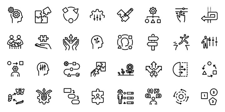 Adaptability and Flexibility Thin Line Icon Set &ndash; Editable Stroke Change, Growth, Innovation and Business Strategy Outline Vector Icons Illustration.
