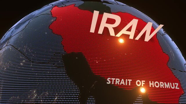 A 3D world map highlights Strait of Hormuz, and Iran, the Middle East, IRAN map, Hormuz,
