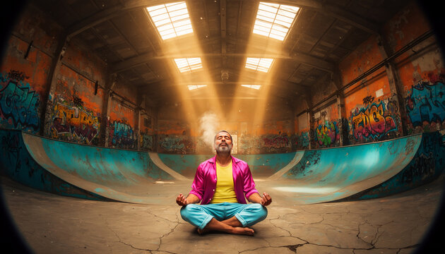 Man sitting in lotus pose meditating under dramatic sunbeams inside empty indoor skatepark bowl with graffiti walls and atmospheric smoke haze