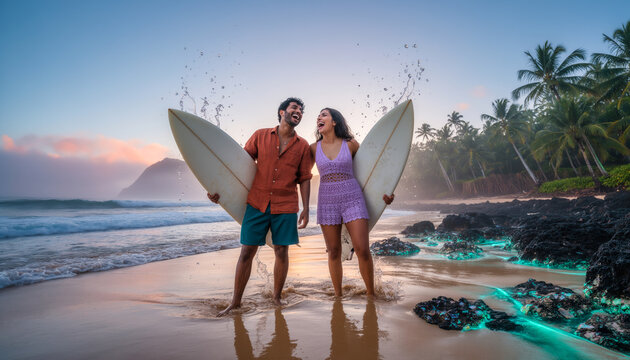Joyful couple holding surfboards walking together on tropical beach shoreline during ocean sunset with splashing sea water and bioluminescent algae glow