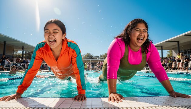 Two cheerful young women laughing and doing pushups together on sunny poolside terrace during active summer swimming day with water splashes
