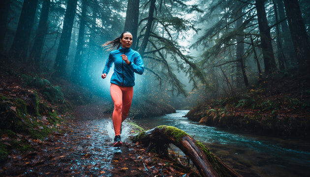 Determined female runner jogging along scenic rocky river bank path through dark mystical misty pine forest during autumn morning fitness training