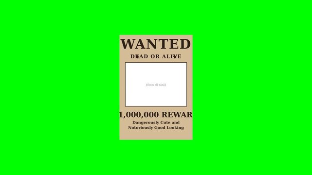Wanted Poster Template: An old-fashioned Wanted poster, featuring a blank space for a photograph and details about a reward, set against a vibrant green screen background, ready for customization.
