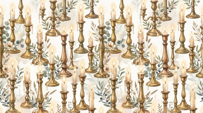 Elegant vintage brass candlestick pattern with delicate watercolor greenery and glowing candlelight for luxury home decor textile fabric wallpaper wrapping paper design festive holiday background