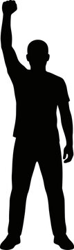 Silhouette of a person standing with raised fist in a powerful gesture isolated on white background representing strength and unity in a minimalist style