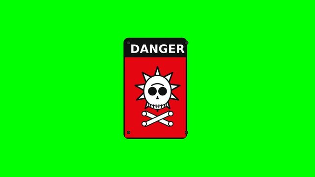 Warning Sign Alert: A stark red rectangular warning sign with a black border displays a skull and crossbones emblem and the word DANGER against a vibrant green screen background.