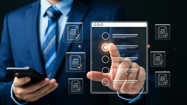 Businessman in blue suit interacting with a digital holographic interface for task management and document verification