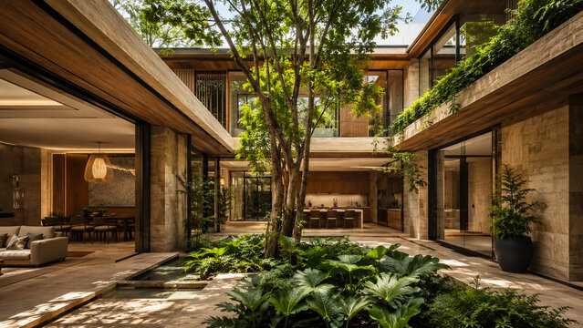 Modern hillside house surrounded by rocky landscaping, native grasses, and warm evening light.