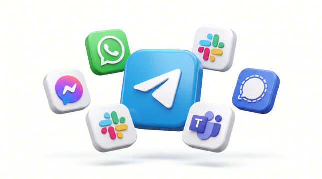 3d modern square telegram whatsapp messenger slack signal and microsoft teams logo icons set. floating social media messaging app interface buttons for mobile communication technology design.