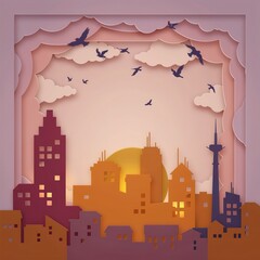 Obraz premium Paper cut city skyline at sunset. Layered craft art of urban buildings and flying birds.
