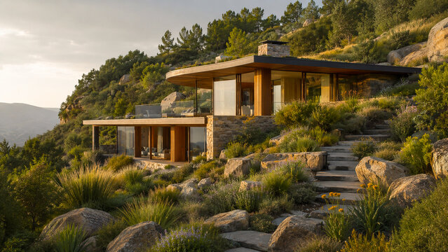 Modern hillside house surrounded by rocky landscaping, native grasses, and warm evening light.