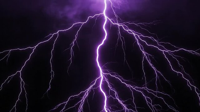 Powerful purple lightning strikes during a dark stormy night sky