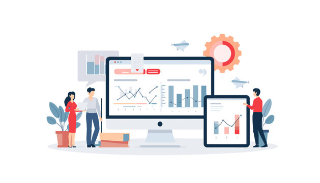 Business team analyzing financial data charts on computer screens and tablets in office.