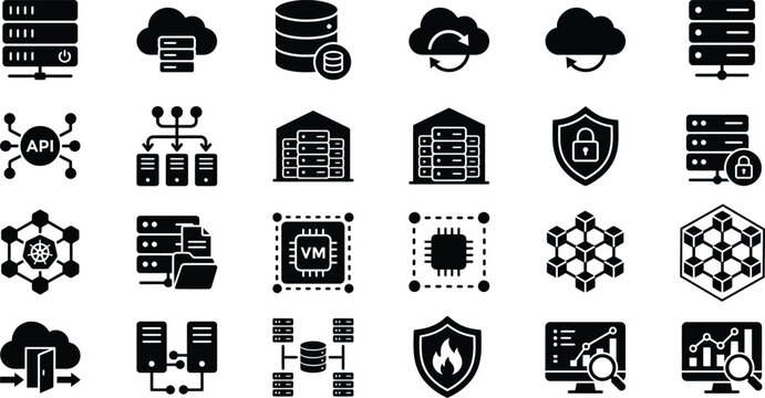 Server Architecture and Cloud Computing Glyph Vector Icon Set