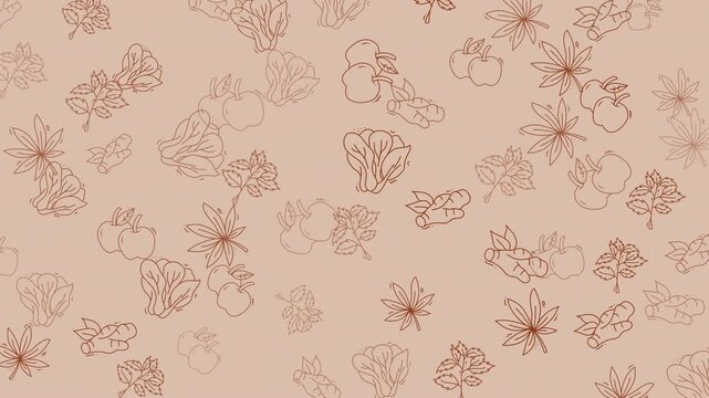 Doodle vegetable pattern with sketched apples, ginger, leaves, and lettuce. Suitable for food packaging, kitchen decor, and recipe backgrounds.