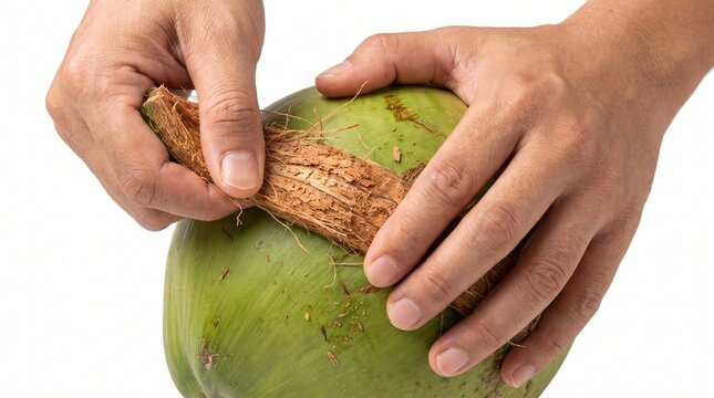 Hands peeling the fibrous husk from a fresh young green coconut on white background