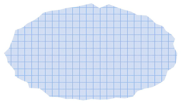 Oval shaped blue grid paper cutout with torn edges isolated on transparent background for creative graphic design