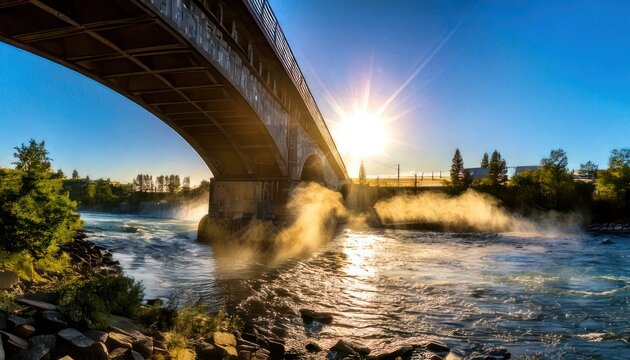 Majestic Bridge Over River with Sunburst and Scenic Landscape.
