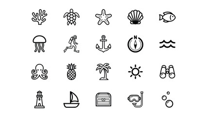 Collection of black line icons representing various beach ocean and travel themed elements with transparent background © Mary