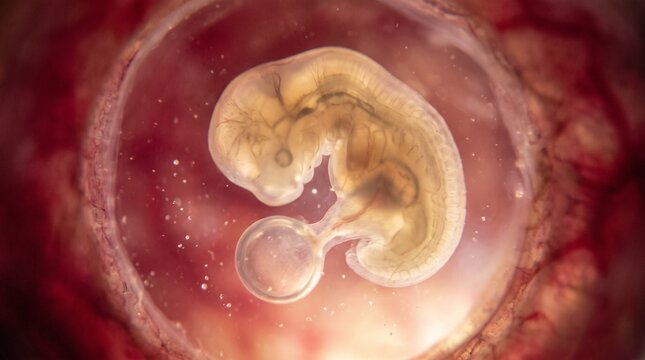 Witness the miracle of life! This remarkable microscopic view reveals a human embryo at 3-4 weeks of development safely enclosed within its gestational sac, showing the early neural tube and yolk sac.