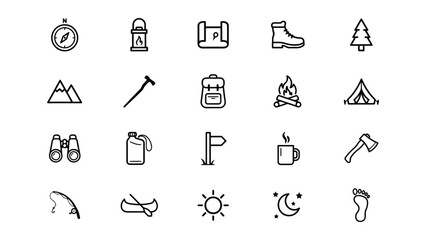 Set of minimalist camping hiking outdoor adventure icons with transparent background for travel and nature themes © Mary