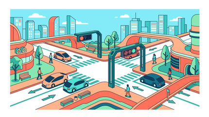 Obraz premium Futuristic Smart City Intersection with Autonomous Electric Cars and Sustainable Urban Infrastructure Vector Illustration