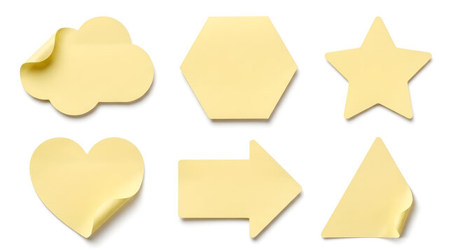 Set of Blank Yellow Sticky Notes in Various Shapes Isolated on White Background