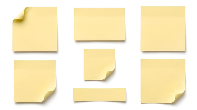 Collection of Blank Yellow Sticky Notes with Curled Corners Isolated on White Background
