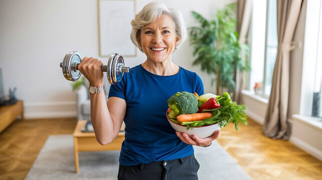 Senior woman exercising with dumbbell and fresh vegetables for healthy lifestyle