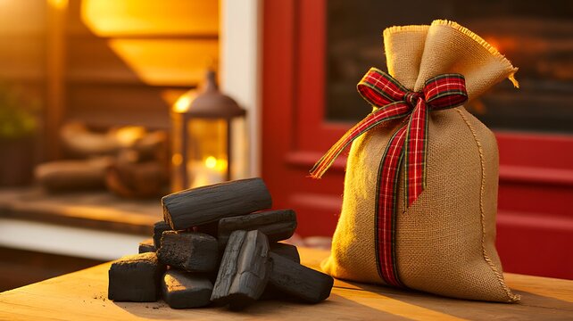 Charcoal briquettes and burlap sack beside barbecue grill for outdoor cooking